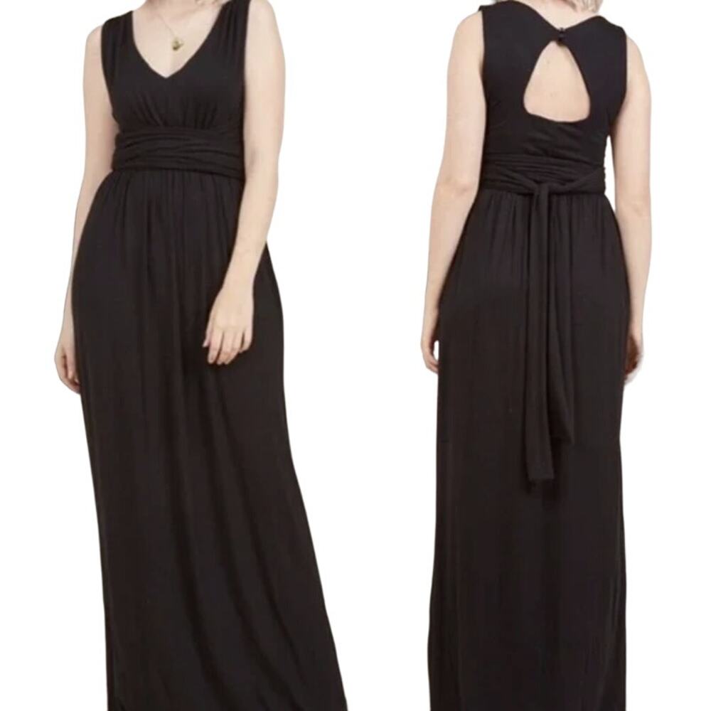ModCloth Maxi Dress Jersey Knit Stretchy Tie Waist Solid Black Sleeveless Small